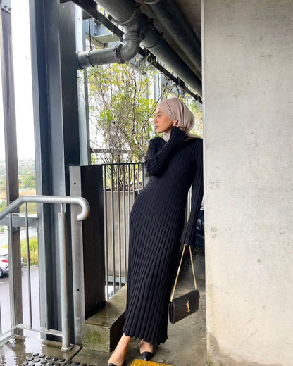 Robe longue en maille côtelée noire pour femme