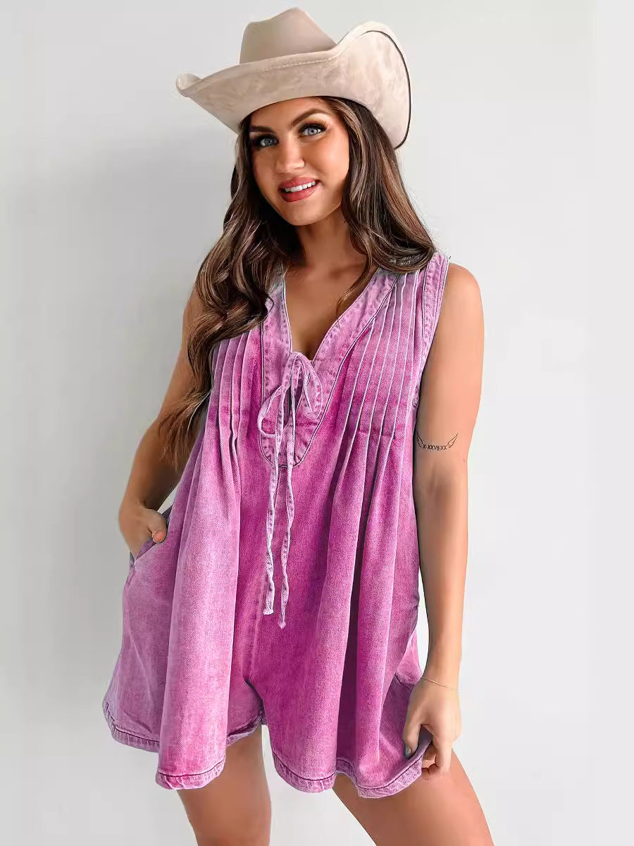 Combishort Décontracté en Denim pour Femme