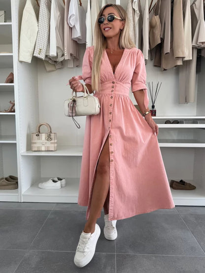 Robe chemise longue femme rose portée
