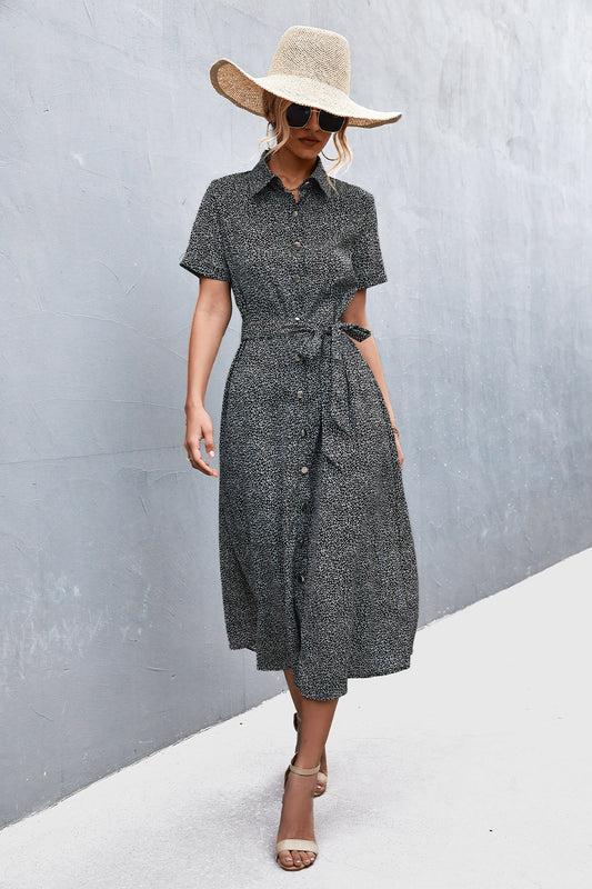 Robe chemise longue à pois ceinturée femme noire