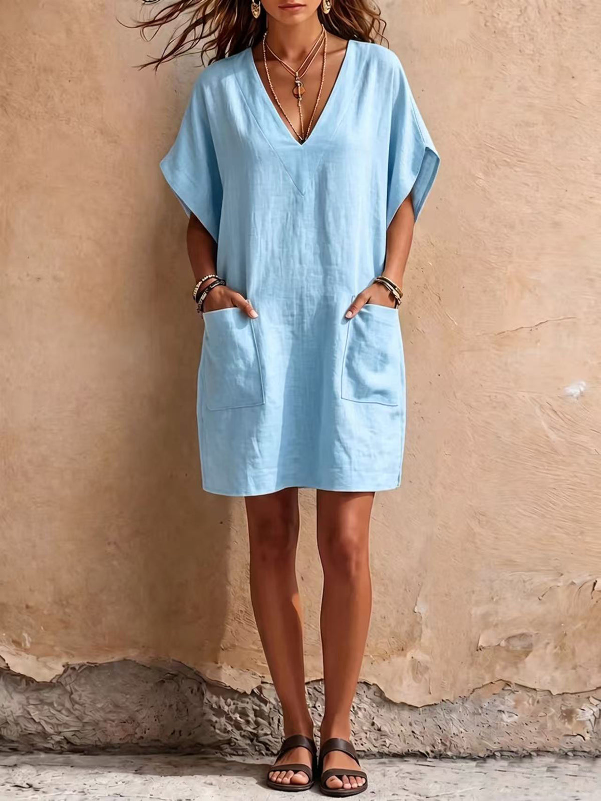 Robe midi ample bleu ciel à poches