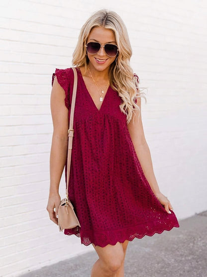 Robe Midi en Dentelle Sans Manches avec Poches – Col V