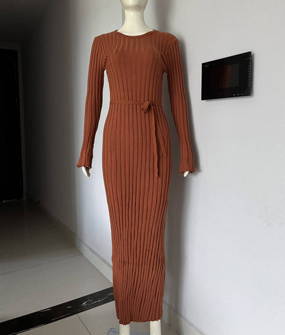 Robe longue en maille côtelée terracotta