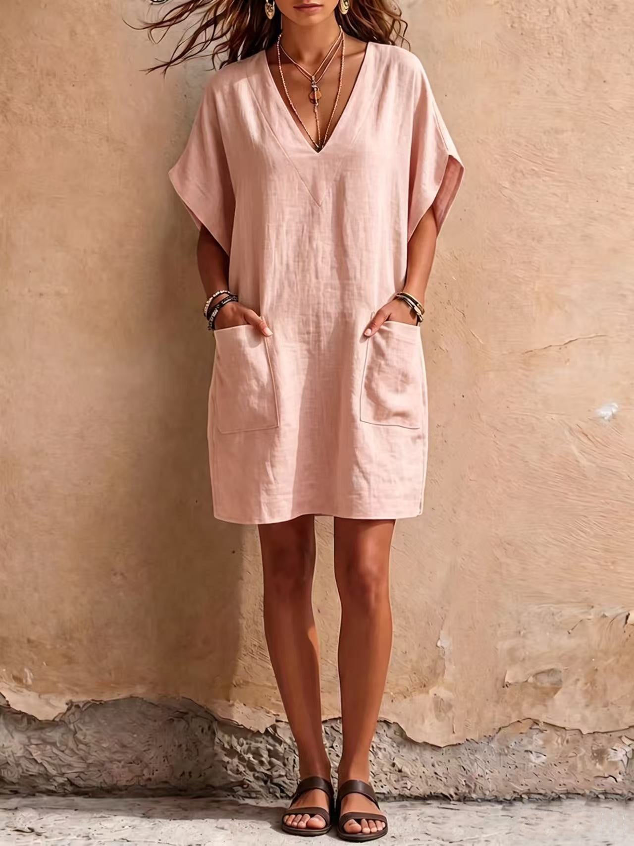 Robe midi ample rose poudré à col V