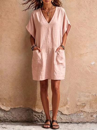 Robe midi ample rose poudré à col V