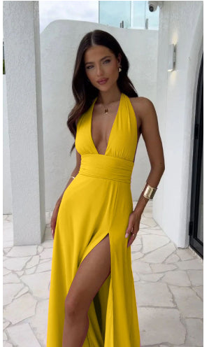 Robe longue Élina jaune dos nu et fendue