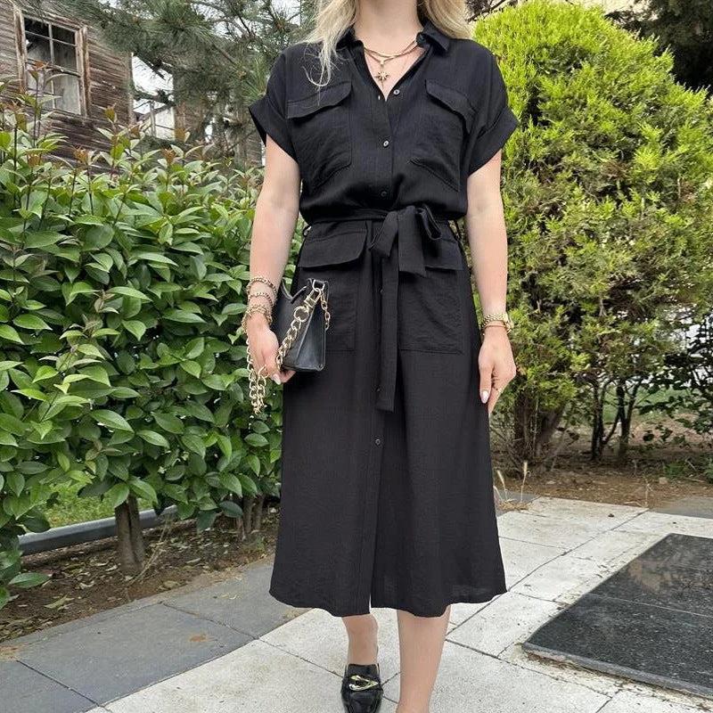 Robe chemise midi ceinturée femme noire portée