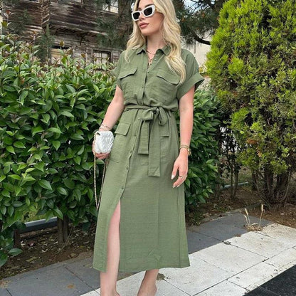 Robe chemise midi ceinturée femme verte portée